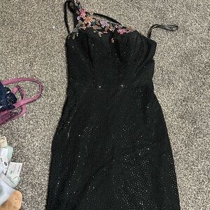 One Shoulder Black Dress with Floral Accents